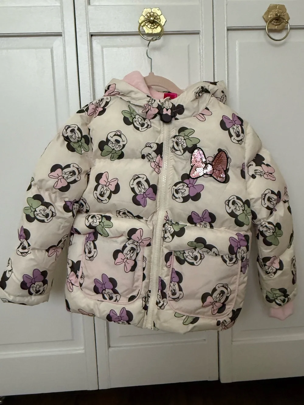Disney Cream Minnie Mouse Hooded Puffer Jacket with Pink Bow & Black Ear Details